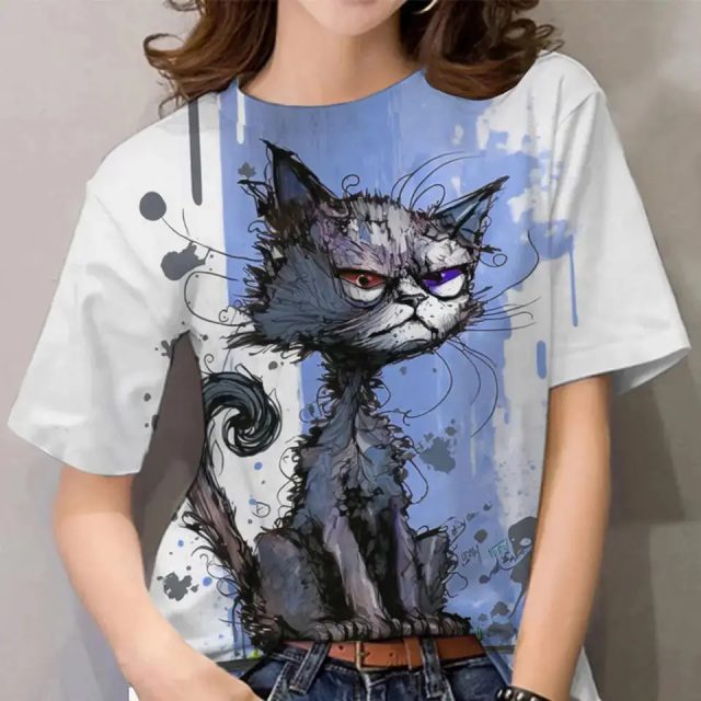 Casual short sleeve cat print summer women t shirt (1)