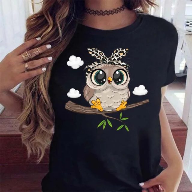 Cute women maycaur cartoon owl print t shirt (1)