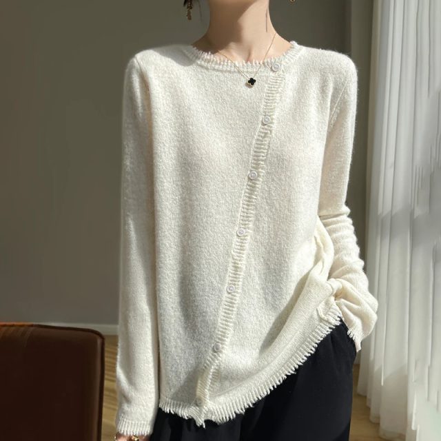 Fashion fringe crewneck knitted cardigan irregular sweater (1)