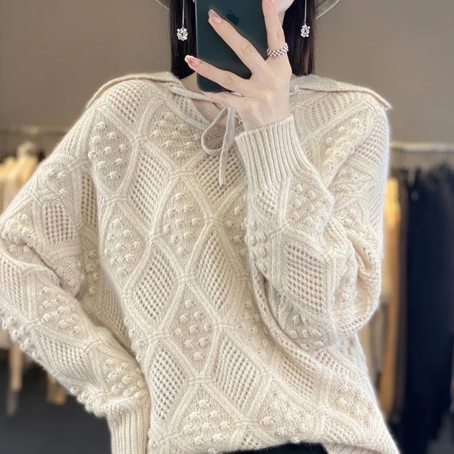 Fashion new hollow knit checkered pullover sweater (2)