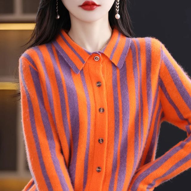Fashion vertical stripe knitted women sweater jacket (1)