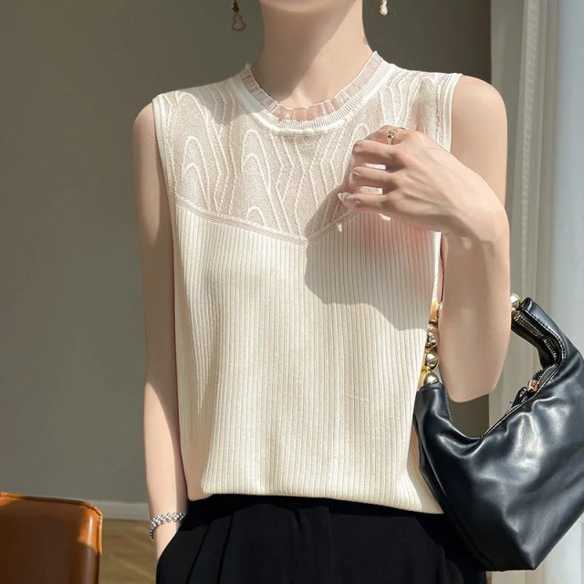 Hollow knitted round neck sexy fashion polyester tank top (1)