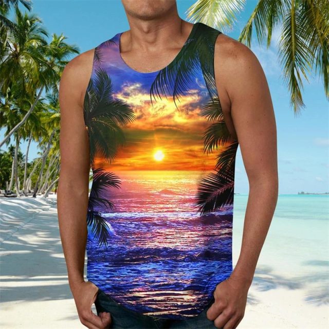 Leisure vest coconut tree sunset print sleeveless men tank tops (2) Leisure vest coconut tree sunset print sleeveless men tank tops (2)
