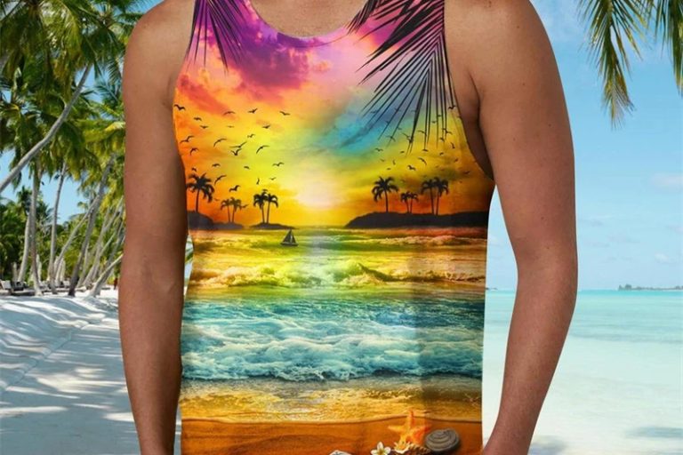 Leisure vest coconut tree sunset print sleeveless men tank tops (3)