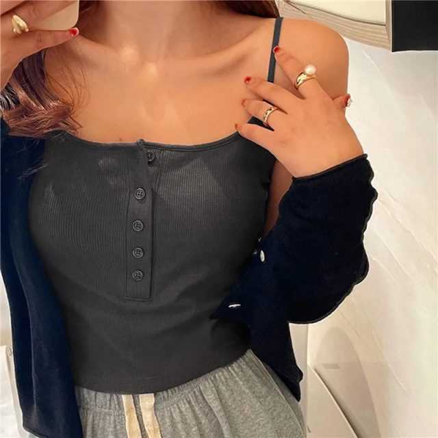 New button crop top solid color polyester tank tops (4)