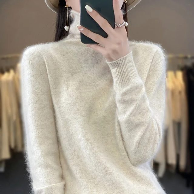 Pure mink cashmere turtleneck sweater for women (1)