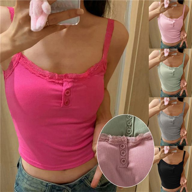 Sexy lace flower print camis sweet polyester tank tops (1)