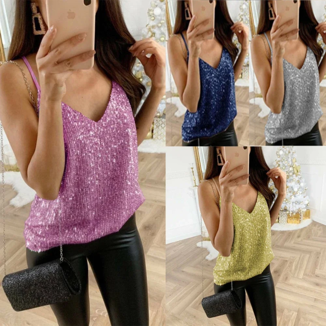 Sexy shiny halter top club party polyester tank tops (1)