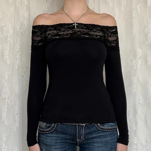 Slash neck lace patchwork long sleeve sexy shirt (2) Slash neck lace patchwork long sleeve sexy shirt (2)