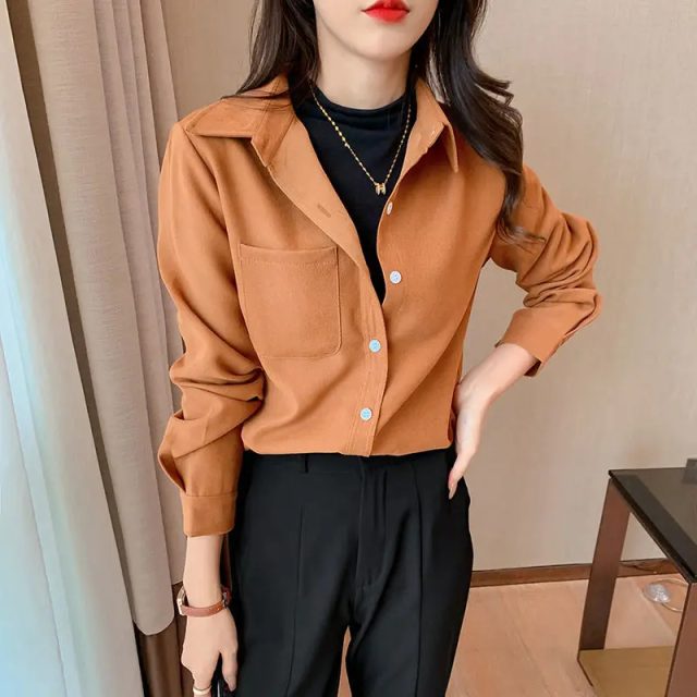 Spring autumn new polo neck long sleeve solid shirt (5)