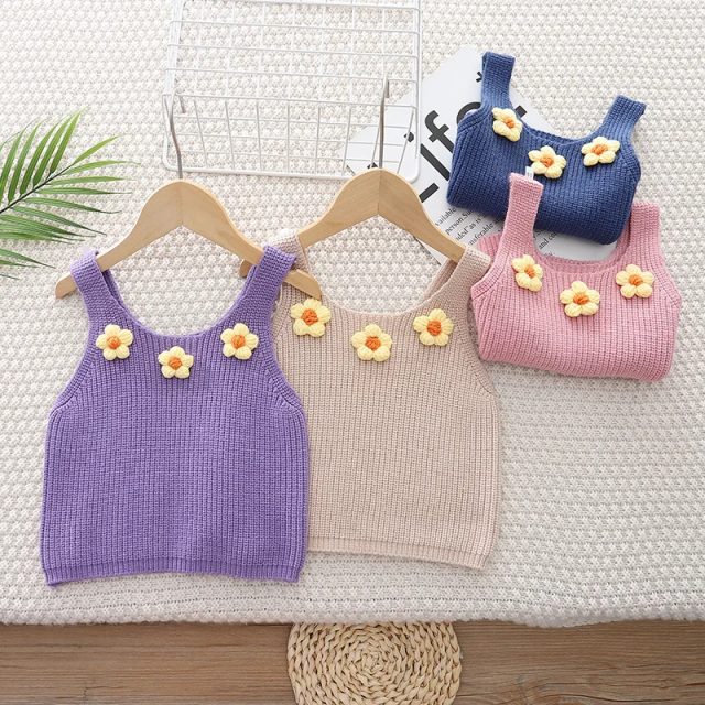 Spring new girls knitted sweater flower kids tank top (1) Spring new girls knitted sweater flower kids tank top (1)