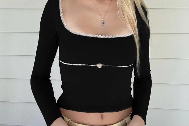 Square neck lace trim autumn female cute shirt (1)