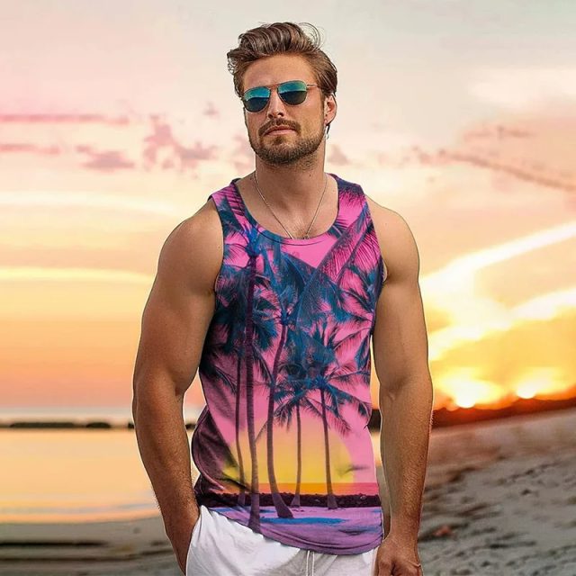 Summer leaves printing men coconut trees polyester tank tops (1)