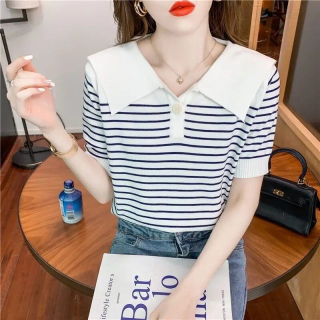 Summer new sweet striped polo neck thin shirt (1) Summer new sweet striped polo neck thin shirt (1)