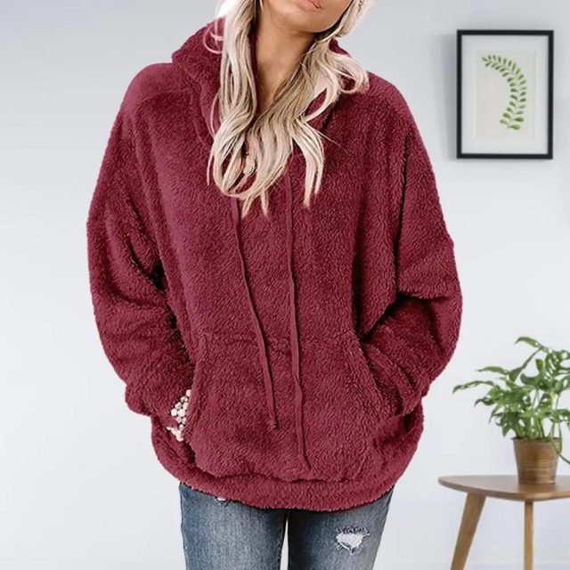 Winter women solid color fluffy fleece hoodie (1)