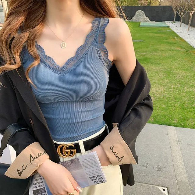 Women lace straps cotton tank top knitted striped vest (5)