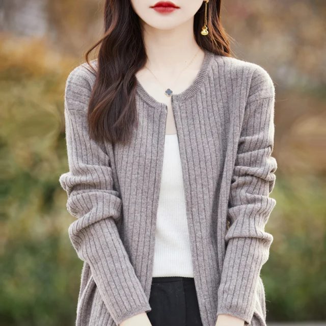 Women zip up cardigan crewneck sweater warm coat (3)